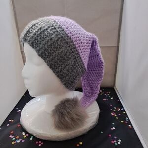 Gray and Purple Knit Beanie with Faux Fur Pom